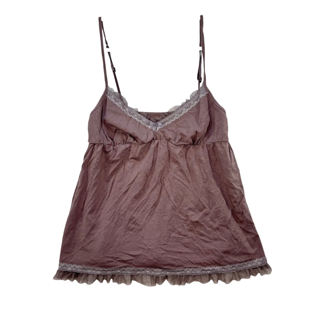 Victoria's Secret Camisole Top Women XS Brown Lace Trim Mesh Ruffle Coquette Y2K